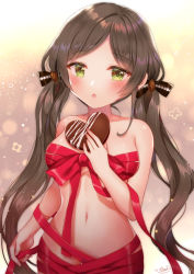 Rule 34 | 1girl, :o, black bow, blush, bow, breasts, brown hair, candy, chocolate, chocolate heart, collarbone, commentary request, food, green eyes, hair bow, hand up, heart, holding, holding food, long hair, looking at viewer, medium breasts, naked ribbon, naomi (fantasia), navel, original, parted lips, red ribbon, ribbon, sidelocks, signature, solo, standing, stomach, twintails, upper body, valentine, very long hair, wavy hair