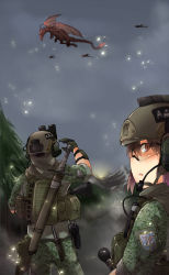 Rule 34 | 1girl, arm up, assault rifle, ayyh, camouflage, dagger, dragon, from behind, glasses, gloves, gun, handgun, headset, helmet, highres, holster, knife, load bearing vest, looking afar, looking at viewer, looking back, military, military uniform, mountain, night-vision device, open mouth, original, pistol, purple hair, rifle, sky, sleeves rolled up, soldier, sword, tree, uniform, weapon