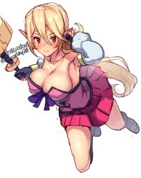 Rule 34 | 1girl, bare shoulders, blonde hair, blush, boris (noborhys), breasts, cleavage, closed mouth, elf, esper (saga 2), full body, gloves, highres, large breasts, long hair, looking at viewer, pointy ears, red eyes, saga, saga 2, simple background, skirt, smile, solo, white background