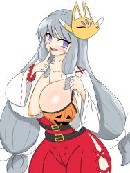 Rule 34 | 1girl, absurdres, breasts, digimon, digimon (creature), fox mask, grey hair, halloween, highres, huge breasts, japanese clothes, large breasts, long hair, mask, miko, purple eyes, sakuyamon, sakuyamon miko mode, solo, very long hair