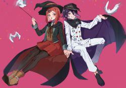 Rule 34 | 1boy, 1girl, :d, bird, black cape, black footwear, black jacket, black pantyhose, brown vest, buttons, cape, cape lift, collared shirt, confetti, danganronpa (series), danganronpa v3: killing harmony, double-breasted, dove, grin, hair ornament, hand up, hat, highres, holding, holding hands, holding wand, invisible chair, jacket, jazy, lifted by self, long sleeves, looking at another, miniskirt, open mouth, oma kokichi, pants, pantyhose, peaked cap, purple eyes, purple hair, red background, red cape, red eyes, red hair, red headwear, red skirt, shirt, shoes, short hair, simple background, sitting, skirt, smile, straitjacket, vest, wand, white jacket, white pants, white shirt, witch hat, yumeno himiko