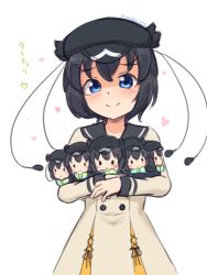 Rule 34 | 1girl, beige dress, bird girl, bird wings, black hair, blue eyes, blush, cabbie hat, character doll, commentary request, cowboy shot, dress, hat, head wings, heart, highres, kemono friends, kemono friends 3, long sleeves, looking at viewer, official alternate costume, sailor collar, sailor dress, school uniform, shiraha maru, short hair, simple background, smile, solo, translation request, western parotia (kemono friends), white background, wings