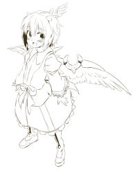 Rule 34 | 1girl, blush, boots, female focus, full body, greyscale, head wings, horns, monochrome, open mouth, short hair, simple background, skirt, smile, solo, tokiko (touhou), touhou, wings, yudepii