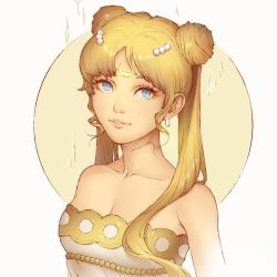 Rule 34 | 1girl, arm at side, bare arms, bare shoulders, beads, bishoujo senshi sailor moon, blonde hair, blue eyes, breasts, cleavage, collarbone, crescent, crescent facial mark, double bun, dress, earrings, facial mark, forehead mark, grin, hair beads, hair bun, hair ornament, jewelry, lips, lisa buijteweg, looking at viewer, magical girl, medium breasts, neck, parted bangs, parted lips, princess serenity, smile, solo, sparkle, strapless, strapless dress, tsukino usagi, twintails, upper body, white dress