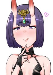 Rule 34 | 1girl, absurdres, bob cut, breasts, eyebrows hidden by hair, eyeshadow, fate/grand order, fate (series), heart, highres, horns, makeup, purple eyes, purple hair, red eyeshadow, rei (rei rr), short hair, shuten douji (fate), skin-covered horns, small breasts, smile, solo, tongue, tongue out, upper body