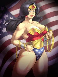 Rule 34 | 1girl, american flag, bad id, bad pixiv id, bare shoulders, black hair, blue eyes, bracelet, breasts, cleavage, cowboy shot, curvy, dc comics, earrings, jewelry, large breasts, leotard, lips, long hair, maou alba, muscular, rope, sleeveless, solo, star (symbol), star print, superhero costume, thick thighs, thighs, tiara, wonder woman, wonder woman (series)