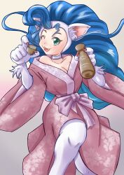 Rule 34 | 1girl, alcohol, animal ears, animal hands, blue hair, breasts, cat ears, cat tail, cleavage, drunk, felicia (vampire), green eyes, grey background, highres, japanese clothes, kimono, long hair, long sleeves, looking at viewer, mayashi205, medium breasts, one eye closed, solo, tail, vampire (game), very long hair, wide sleeves, wink
