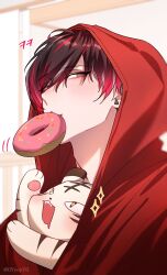 Rule 34 | + +, 1boy, :d, artist name, black hair, blurry, blurry background, blush, commentary, doughnut, drooling, english commentary, fangs, food, food in mouth, gradient hair, hair between eyes, highres, hood, hood up, hoodie, indoors, looking at viewer, male focus, mouth drool, mouth hold, multicolored hair, nijisanji, nijisanji en, open mouth, red eyes, red hair, red hoodie, short hair, sidelocks, smile, solo, sparkle, streaked hair, swept bangs, tiger, tsurime, twitter username, upper body, ver vermillion, villion (ver vermillion), virtual youtuber, white tiger, yoy (0yyoyy0)
