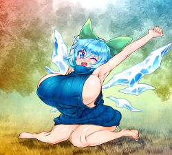 Rule 34 | 1girl, armpits, bad anatomy, bad perspective, bad proportions, blue eyes, blue hair, bow, breasts, cirno, colored eyelashes, eyebrows, hair bow, highres, huge breasts, ice, ice wings, matching hair/eyes, meme attire, naked sweater, one eye closed, oppai loli, ribbed sweater, round teeth, sentarou, sideboob, sleeveless, solo, sweater, teeth, thick eyebrows, touhou, virgin killer sweater, wings