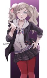 blonde_hair blowing_kiss blue_eyes earrings hair_ornament hairclip hand_on_own_hip highres hood hoodie jewelry looking_at_viewer one_eye_closed persona persona_5 pppppknw school_uniform takamaki_anne twintails wink