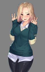 Rule 34 | 1girl, black pants, blonde hair, breasts, collared shirt, double v, eyes visible through hair, green sweater, grey background, hands up, highres, kagematsuri, looking at viewer, medium breasts, medium hair, original, pants, shirt, simple background, solo, standing, sweat, sweater, tongue, tongue out, trembling, v, white shirt, wing collar, yellow eyes