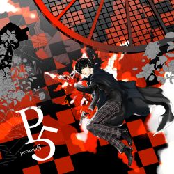 Rule 34 | 10s, 1boy, amamiya ren, arsene (persona 5), black hair, checkered background, checkered floor, coat, copyright name, domino mask, flower, gloves, gun, highres, holding, holding weapon, kaina (b-white), looking at viewer, male focus, mask, unworn mask, messy hair, multicolored background, pants, persona, persona 5, plaid, plaid pants, red gloves, rose, school uniform, solo, trench coat, turtleneck, weapon, yellow eyes