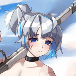Rule 34 | 1girl, alchemy stars, azure (alchemy stars), bare shoulders, black choker, blue eyes, blue hair, blush, breasts, choker, cleavage, commentary request, facial mark, grey hair, looking at viewer, multicolored hair, no headwear, plabit, ponytail, portrait, resolution mismatch, short hair, solo, source larger, streaked hair