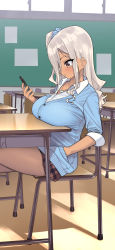 Rule 34 | 1girl, blue cardigan, blush, breast rest, breasts, breasts on table, brown eyes, brown skirt, cardigan, cellphone, chair, classroom, closed mouth, collared shirt, dark-skinned female, dark skin, desk, gyaru, hair ornament, hair scrunchie, hand in pocket, heart, heart necklace, highres, holding, holding phone, indoors, kaedeko (kaedelic), large breasts, long hair, long sleeves, miniskirt, necklace, one side up, original, phone, plaid, plaid skirt, pleated skirt, school chair, school desk, school uniform, scrunchie, shirt, silver hair, sitting, skirt, smartphone, solo, thighs, white shirt
