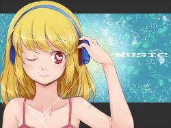 Rule 34 | 1girl, bad id, bad pixiv id, bare shoulders, blonde hair, english text, hand on own ear, hand on headphones, headphones, heart, heart-shaped pupils, lips, listening to music, musical note, one eye closed, original, raised eyebrow, red eyes, sachiroyu, solo, strap, symbol-shaped pupils, text focus, upper body, wink