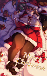 Rule 34 | 1girl, blush, breasts, brown eyes, brown hair, christmas, curvy, covered erect nipples, glasses, highres, huge breasts, looking at viewer, merry christmas, muroku (aimichiyo0526), original, pantyhose, plump, smile, solo, star (symbol), thick thighs, thighs, wide hips