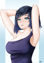 Rule 34 | 1girl, absurdres, aqua eyes, armpits, arms behind head, arms up, bare arms, bare shoulders, blue hair, blue shirt, blunt bangs, blush, bob cut, breasts, cleavage, commentary, falkonsflight, genshin impact, grin, highres, large breasts, parted lips, shirt, short hair, single-shoulder shirt, single strap, smile, solo, upper body, yelan (genshin impact)