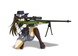 Rule 34 | 1girl, aiming, bad id, bad pixiv id, belt, boots, brown hair, detached sleeves, female focus, gun, hakurei reimu, hat, japanese clothes, junkei, long hair, miko, on one knee, red eyes, rifle, scope, shorts, sniper rifle, solo, touhou, weapon