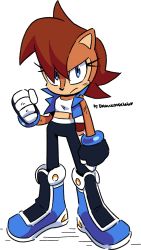 Rule 34 | 1girl, alternate costume, animal ears, artist name, black pants, blue eyes, blue jacket, boots, brown hair, clenched hands, closed mouth, crop top, drawloverlala, eyelashes, full body, gloves, hair between eyes, highres, jacket, looking at viewer, midriff, pants, redesign, sally acorn, serious, short hair, solo, sonic (series), sonic the hedgehog (archie comics), tail, white background