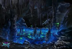 Rule 34 | cave, cave interior, commentary request, copyright name, glowing, highres, hoshimiya aki, lake, monsters abyss, no humans, official art, scenery, stairs, stalactite, stalagmite, stone stairs, water, watermark
