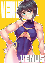 Rule 34 | 1girl, bare shoulders, black hair, blue eyes, blush, bob cut, breasts, cleavage, cleavage cutout, clothing cutout, collarbone, cowboy shot, hand on own hip, kupala, leotard, looking at viewer, medium breasts, minami toshimi, muscular, muscular female, open mouth, purple leotard, short hair, simple background, smile, solo, standing, text focus, turtleneck, wrestle angels, wrestle angels survivor, wrestling outfit, wristband, yellow background