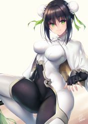 Rule 34 | 1girl, black gloves, black hair, blush, bodysuit, breasts, bun cover, cape, chinese clothes, cloud print, commentary request, covered navel, double bun, fate/grand order, fate (series), fingerless gloves, fukai ryosuke, gloves, gradient background, green eyes, green ribbon, hair bun, hair ribbon, highres, hip focus, leg up, looking at viewer, medium breasts, polearm, qin liangyu (fate), ribbon, sidelocks, signature, solo, spear, thick thighs, thighs, weapon, white background, white bodysuit