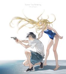 Rule 34 | 1boy, 1girl, aiming, ajiro shinpei, bare legs, barefoot, black eyes, black hair, blonde hair, blouse, blue eyes, blue one-piece swimsuit, blue shorts, breasts, casual, chromatic aberration, cleavage, closed mouth, commentary, copyright name, english commentary, floating hair, gun, hand on another&#039;s back, handgun, highres, holding, holding gun, holding weapon, kobune ushio, legs, legs apart, long hair, medium breasts, messy hair, one-piece swimsuit, on one knee, parted lips, revolver, serious, shadow, shirt, shoes, short hair, shorts, spaghetti strap, standing, summertime render, swimsuit, tattoo, tidsean, v-shaped eyebrows, weapon, white background, white shirt