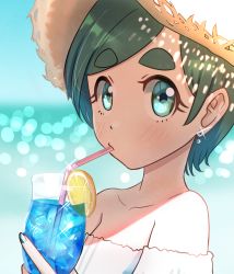 Rule 34 | 1girl, absurdres, aqua eyes, bare shoulders, blue nails, blush, cup, drinking, drinking straw, earrings, futomayu-chan (sinohira rin), green hair, hat, highres, jewelry, looking at viewer, nail polish, off shoulder, original, shadow, short hair, sinohira rin, solo, straw hat, upper body