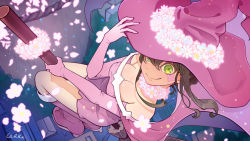 Rule 34 | 1girl, boots, breasts, broom, broom riding, brown hair, cleavage, elbow gloves, flower, flying, from above, gloves, green eyes, hat, looking at viewer, looking up, outdoors, petals, pink footwear, pink gloves, pink hat, smile, solo, ukke, v lila f, witch hat, yozakura quartet