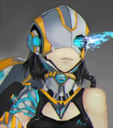Rule 34 | 10s, abyssal ship, adapted costume, bad id, bad pixiv id, black hair, blue eyes, broken, chi-class torpedo cruiser, cleavage cutout, clothing cutout, collar, flaming eyes, glowing, glowing lines, helmet, kantai collection, mask, neon trim, short hair, smile, solo, sw (2311550438)
