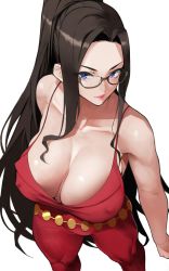 Rule 34 | 1girl, absurdres, bare shoulders, blue eyes, breasts, brown hair, cleavage, collarbone, covered erect nipples, dragonaut, forehead, foreshortening, glasses, highres, kitajima yuuri, large breasts, long hair, looking at viewer, mature female, parted bangs, ponytail, sidelocks, solo, thighs, white background, yoshio (55level)