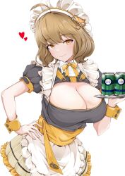 Rule 34 | 1girl, ahoge, alternate costume, anis (nikke), apron, black dress, blush, breasts, cleavage, closed mouth, dress, enmaided, goddess of victory: nikke, hanchou (shirokun555), hand on own hip, heart, highres, holding, large breasts, light brown hair, looking at viewer, maid, maid headdress, short hair, smile, solo, white apron, yellow dress, yellow eyes