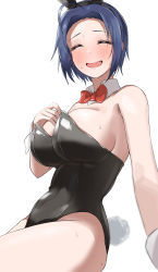 Rule 34 | 1girl, ^ ^, ^o^, absurdres, ahoge, animal ears, bad id, bad pixiv id, bare shoulders, black leotard, blue hair, blush, bow, bowtie, breasts, closed eyes, dark blue hair, detached collar, fake animal ears, forehead, full-face blush, hand on own chest, highres, idolmaster, idolmaster (classic), idolmaster million live!, large breasts, leotard, miura azusa, pdal (pdalhhh), playboy bunny, rabbit ears, rabbit tail, red bow, red bowtie, short hair, sideboob, simple background, solo, sweatdrop, tail, white background, wrist cuffs