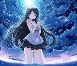 Rule 34 | 1girl, bad id, bad pixiv id, black hair, blue theme, breasts, camisole, cleavage, cloud, cloudy sky, cupping hands, fisheye, from below, glowing, hair ornament, hairpin, large breasts, long hair, moonlight, mx2j, nail polish, night, night sky, original, own hands together, pale skin, pleated skirt, skirt, sky, smile, solo, swept bangs, wading, wristband, yellow eyes