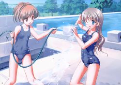 Rule 34 | 2girls, :d, absurdres, bare legs, bare shoulders, blue eyes, blush, brown eyes, brown hair, chain-link fence, collarbone, covered navel, day, fence, grey hair, highres, hose, long hair, multiple girls, old school swimsuit, one-piece swimsuit, one eye closed, open mouth, original, outdoors, pool, poolside, school swimsuit, smile, starting block, swimsuit, takoyaki (roast), tree, water, wet, wet clothes, wink