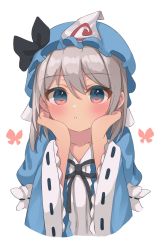 Rule 34 | 1girl, alternate costume, blue hat, blue kimono, blush, brown eyes, collarbone, cosplay, frilled kimono, frilled sleeves, frills, hair between eyes, hat, highres, japanese clothes, kimono, konpaku youmu, long sleeves, looking at viewer, mob cap, open mouth, saigyouji yuyuko, saigyouji yuyuko (cosplay), sakuramochi usa, short hair, silver hair, simple background, solo, touhou, triangular headpiece, upper body, white background, wide sleeves