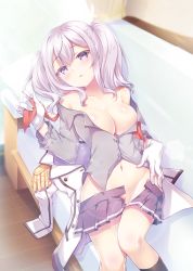 Rule 34 | 1girl, black socks, blush, breasts, couch, employee uniform, epaulettes, frilled sleeves, frills, gloves, gunp, hair between eyes, jacket, kantai collection, kashima (kancolle), kerchief, large breasts, long sleeves, looking at viewer, lying, military, military uniform, miniskirt, neckerchief, no bra, no headwear, no panties, on back, open mouth, pleated skirt, purple eyes, red neckerchief, sidelocks, silver hair, skirt, socks, solo, twintails, uniform, wavy hair, white gloves, white jacket