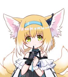 Rule 34 | 1girl, animal ears, arknights, bare shoulders, black gloves, blonde hair, blue hairband, blush, braid, dress, earpiece, finger to mouth, fox ears, fox girl, fox tail, gloves, green eyes, hairband, highres, id card, index finger raised, kitara koichi, kitsune, looking at viewer, material growth, multicolored hair, multiple tails, oripathy lesion (arknights), raised eyebrows, simple background, single glove, single wrist cuff, smile, solo, streaked hair, suzuran (arknights), tactical clothes, tail, upper body, vest, white background, white dress, white hair, white wrist cuffs, wrist cuffs