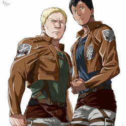 Rule 34 | 2boys, bertolt hoover, black hair, blonde hair, chest belt, cropped jacket, dark-skinned male, dark skin, feet out of frame, green shirt, harness, height difference, jacket, large pectorals, leather, leather jacket, looking at viewer, male focus, multiple boys, muscular, muscular male, pants, paradis military uniform, pectorals, reiner braun, shingeki no kyojin, shirt, short hair, three-dimensional maneuver gear, white background, white pants, zyunya