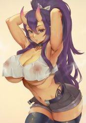 Rule 34 | 1girl, absurdres, alterlesott, arched back, armpits, arms up, bare arms, belt, black thighhighs, bow, breasts, choker, cleavage, collarbone, covered erect nipples, crop top, denim, denim shorts, eyelashes, hair between eyes, hair bow, hand in own hair, high ponytail, highres, horns, large breasts, long bangs, long hair, midriff, navel, no bra, oni, open fly, open mouth, original, panty straps, pointy ears, purple eyes, purple hair, see-through, shirt, short shorts, shorts, simple background, skin-covered horns, skindentation, sleeveless, solo, standing, tank top, thick thighs, thighhighs, thighs, underboob, very long hair, wet, wet clothes, wet shirt, white bow, white shirt, white tank top