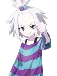 Rule 34 | 1girl, absurdres, clenched hand, commentary request, creatures (company), dress, freckles, game freak, green eyes, grin, hair bobbles, hair ornament, hand up, highres, looking at viewer, nintendo, pokemon, pokemon bw2, roxie (pokemon), shimotsu., simple background, smile, solo, spiked hair, striped clothes, striped dress, teeth, topknot, two-tone dress, upper body, white background, white hair