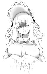 Rule 34 | 1girl, black souls, blush, bonnet, bow, bowtie, breasts, collared shirt, dodo (black souls), feathered wings, greyscale, grin, harpy, head wings, highres, large breasts, long hair, looking at viewer, monochrome, monster girl, one eye closed, shirt, sidelocks, smile, solo, sparkle, versopa, winged arms, wings