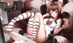Rule 34 | 1girl, animal ears, breasts, closed mouth, commission, feet, fox ears, fox mask, fox tail, foxplushy, highres, hitodama, indie virtual youtuber, indoors, keyboard (computer), kiyochii, knees up, large breasts, long hair, looking at viewer, lying, mask, microphone stand, monitor, off shoulder, on back, on chair, one eye closed, shirt, smile, solo, t-shirt, tail, thighhighs, toes, virtual youtuber