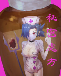 Rule 34 | 1girl, absurdres, blue hair, bottle, breasts, choker, cleavage, collarbone, cowboy shot, gloves, hair over one eye, hand up, hat, highres, intravenous drip, japanese text, large breasts, latex, latex gloves, mask, mouth mask, nurse cap, pill bottle, pink background, ponytail, red eyes, skullgirls, solo, surgical mask, syringe, valentine (skullgirls)