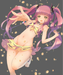 Rule 34 | 1girl, animal print, anklet, barefoot, bikini, blush, bracelet, breasts, cleavage, convenient censoring, grey background, hair ribbon, horns, jewelry, kawagoe pochi, long hair, loose clothes, necklace, open mouth, original, pink hair, ribbon, small breasts, solo, swimsuit, tan, tiger print, twintails, very long hair, water drop, yellow bikini, yellow eyes