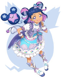 Rule 34 | 1girl, :3, :d, alternate color, blue hair, boots, bow, bubble skirt, commentary request, dark-skinned female, dark skin, double bun, dress, earrings, frilled dress, frills, full body, hair bow, hair bun, hand on own hip, hand up, heart, highres, idol clothes, jewelry, kiracchu (pri chan), kiratto pri chan, kuro daia (pri chan), looking at viewer, multicolored clothes, multicolored dress, multicolored hair, murakami hisashi, open mouth, pink hair, pouch, pretty series, purple bow, purple eyes, purple hair, short hair, skirt, smile, solo, standing, star (symbol), star earrings, streaked hair, white footwear