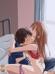 Rule 34 | 1boy, 1girl, amelie, arms around neck, blush, grabbing another&#039;s breast, brown hair, butt crack, camisole, clenched teeth, clothed sex, clothes lift, condom, condom wrapper, couple, curtains, closed eyes, girl on top, grabbing, hair between eyes, hetero, ikari shinji, licking, long hair, lying, neon genesis evangelion, no bra, on bed, orgasm, panties, panties around leg, pink panties, rebuild of evangelion, sex, shirt lift, sitting, souryuu asuka langley, straddling, sweat, teeth, underwear, underwear only, upright straddle, window
