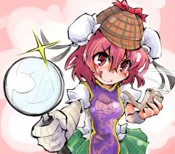 Rule 34 | 1girl, :q, bandages, blouse, deerstalker, double bun, flower, glint, hat, ibaraki kasen, looking at viewer, magnifying glass, pink hair, puffy short sleeves, puffy sleeves, rose, shinapuu, shirt, short hair, short sleeves, short twintails, skirt, smoke, smoking pipe, solo, tabard, tongue, tongue out, touhou, twintails, wild and horned hermit, wrist cuffs