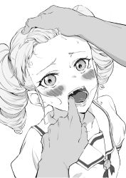 Rule 34 | 1girl, 1other, aikatsu!, aikatsu! (series), blush, drill hair, fangs, finger in another&#039;s mouth, forehead, greyscale, highres, looking at viewer, monochrome, open mouth, osame, puffy short sleeves, puffy sleeves, school uniform, serafuku, shirt, short sleeves, simple background, tears, todo yurika, twin drills, white background