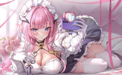 Rule 34 | 1girl, absurdres, alternate costume, apron, blue eyes, blush, breasts, cleavage, closed mouth, daefny, dress, elf, elysia (honkai impact), elysia (miss pink elf) (honkai impact), enmaided, flower, frills, gloves, highres, holding, holding phone, honkai (series), honkai impact 3rd, large breasts, long hair, looking at viewer, lying, maid, maid apron, maid headdress, on side, phone, pink hair, pointy ears, puffy sleeves, purple eyes, ribbon, skirt, smile, solo, taking picture, thighhighs, thighs, white gloves, zettai ryouiki